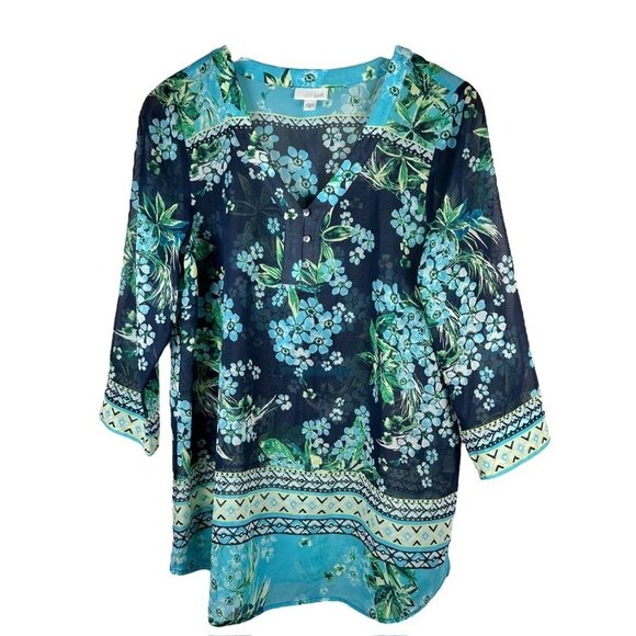 J. Jill Medium Floral Tunic Cover Up Beach Vacation Gauzy Sheer - Picture 1 of 6